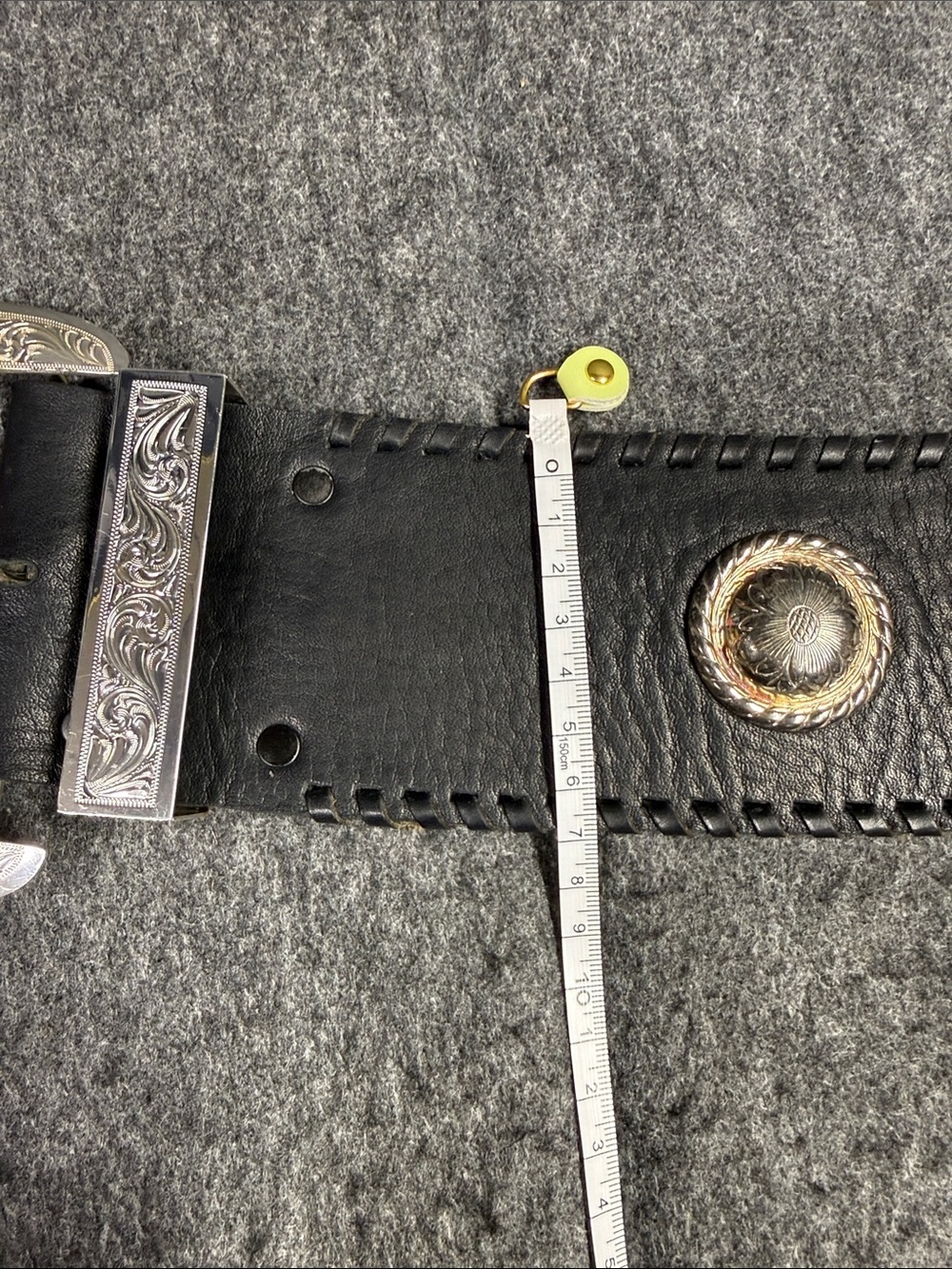 “VINTAGE”. Big AL Vintage Western Black Leather Belt with Silver Engraved Buckle - Picture 13 of 16